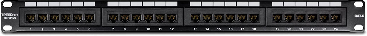 TRENDnet 24-Port Cat6 Unshielded Patch Panel, Wallmount or Rackmount, Compatible with Cat3,4,5,5e,6 Cabling, For Ethernet, Fast Ethernet, Gigabit Applications, Black, TC-P24C6