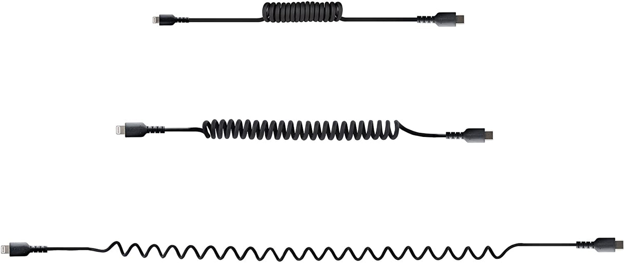 StarTech.com 20in / 50cm USB C to Lightning Cable, MFi Certified, Coiled iPhone Charger Cable, Black, Durable TPE Jacket Aramid Fiber, Heavy Duty Coil Lightning Cable (RUSB2CLT50CMBC) 50cm / 20 in USB-C