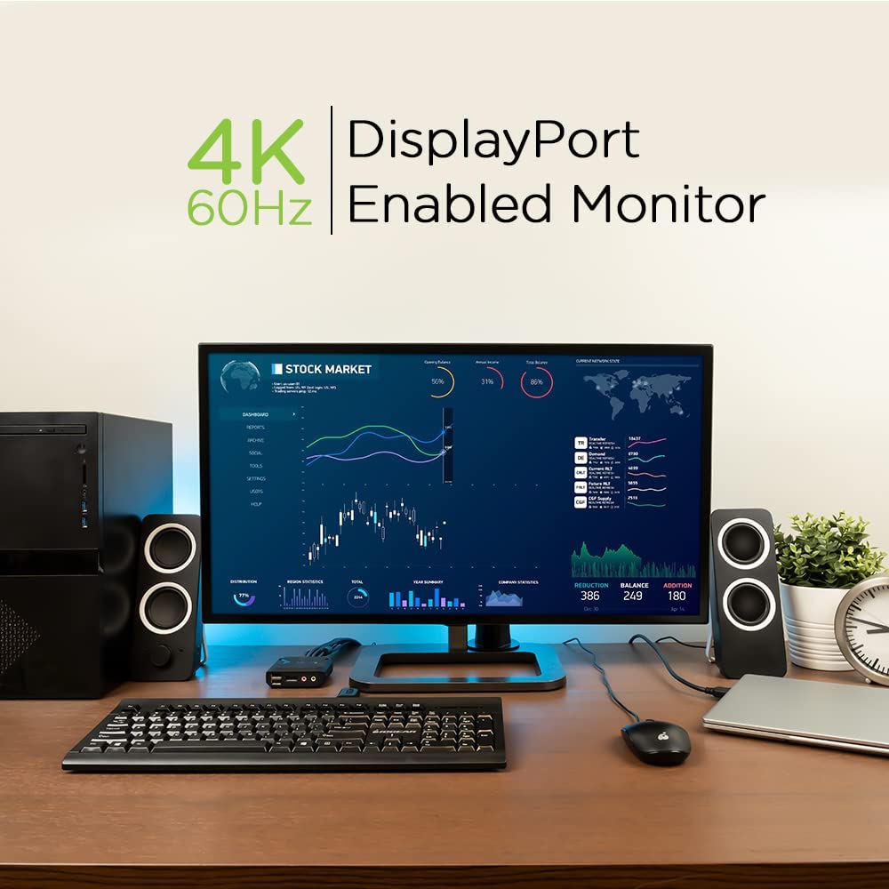 IOGEAR 2-Port USB DisplayPort Cable KVM Switch - 4K 30Hz - Remote Switch Button - Plug n Play - USB Expandable With USB Hub - 7.1 HD Audio - Mac Win - GCS52DP 2-Port DisplayPort