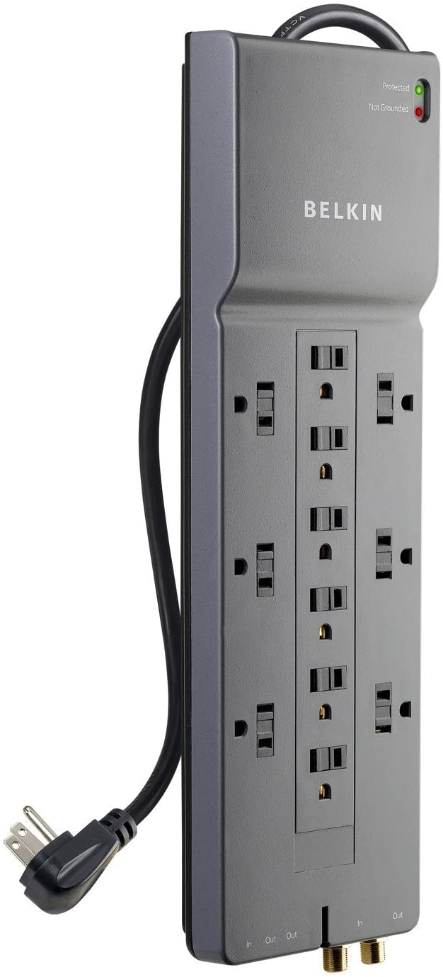 Belkin Power Strip Surge Protector - 12 AC Multiple Outlets & 8 ft Long Flat Plug Heavy Duty Extension Cord for Home, Office, Travel, Computer Desktop, Laptop & Phone Charging Brick (3,940 Joules) 1 Pack