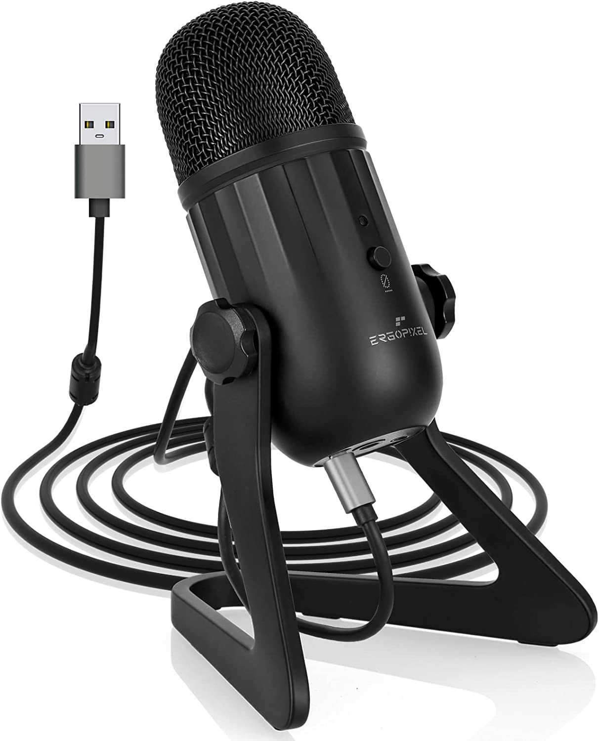 Ergopixel USB Microphone for PC, Mac, Gaming, Streaming, Podcasting, Studio with A Live Monitoring, Gain Controls, A Mute Button for Podcasting, Plug and Play – Blackout