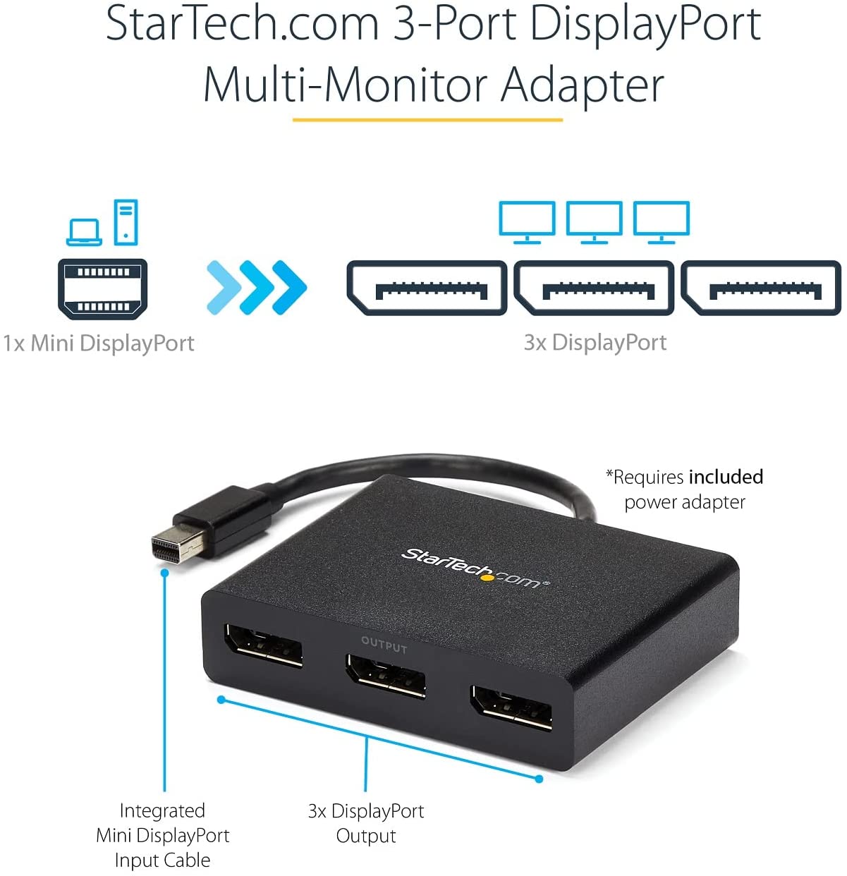 StarTech.com 3-Port Multi Monitor Adapter - Mini DisplayPort to DisplayPort MST Hub, Dual 4K30Hz & 1x 1080p - Video Splitter for Extended Desktop Mode on Windows Only - mDP 1.2 to 3x DP (MSTMDP123DP) Mini DisplayPort to 3x DisplayPort