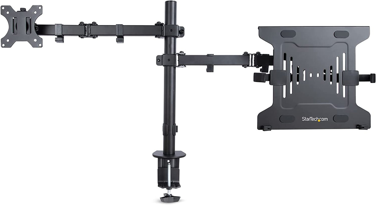 StarTech.com Monitor Arm with VESA Laptop Tray, For a Laptop (4.5kg/9.9lb) and a Single Display up to 32" (8kg/17.6lb), Black, Adjustable Laptop Arm Mount, C-clamp/Grommet Mount (A2-LAPTOP-DESK-MOUNT) Black Dual Joint Arm - Monitor & Laptop