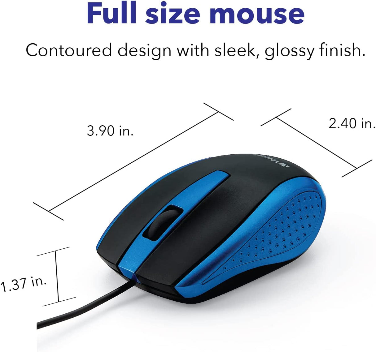 Verbatim Optical Mouse - Wired with USB Accessibility - Mac & PC Compatible - Blue, 1.4" x 2.4" x 3.9"