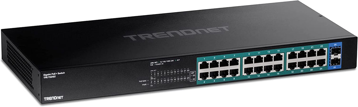 TRENDnet 26-Port Gigabit PoE+ Switch, 24 x 30W PoE+ Ports, 2 Gigabit SFP Slots, 380W PoE Budget, 52Gbps Switching Capacity, 1U 19” Rack Mountable, Lifetime Protection, Black, TPE-TG262