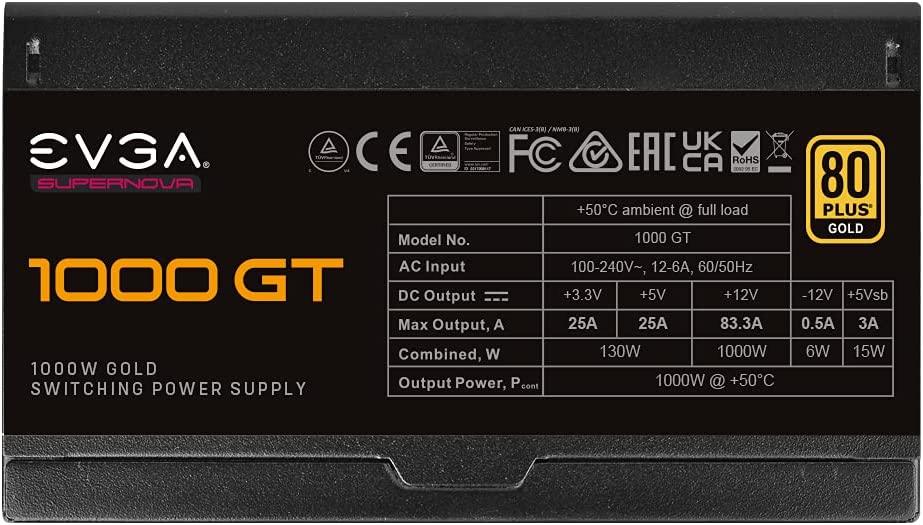 EVGA SuperNOVA 1000 GT, 80 Plus Gold 1000W, Fully Modular, Eco Mode with FDB Fan, 10 Year Warranty, Includes Power ON Self Tester, Compact 150mm Size, Power Supply 220-GT-1000-X1 1000W GT Power Supply