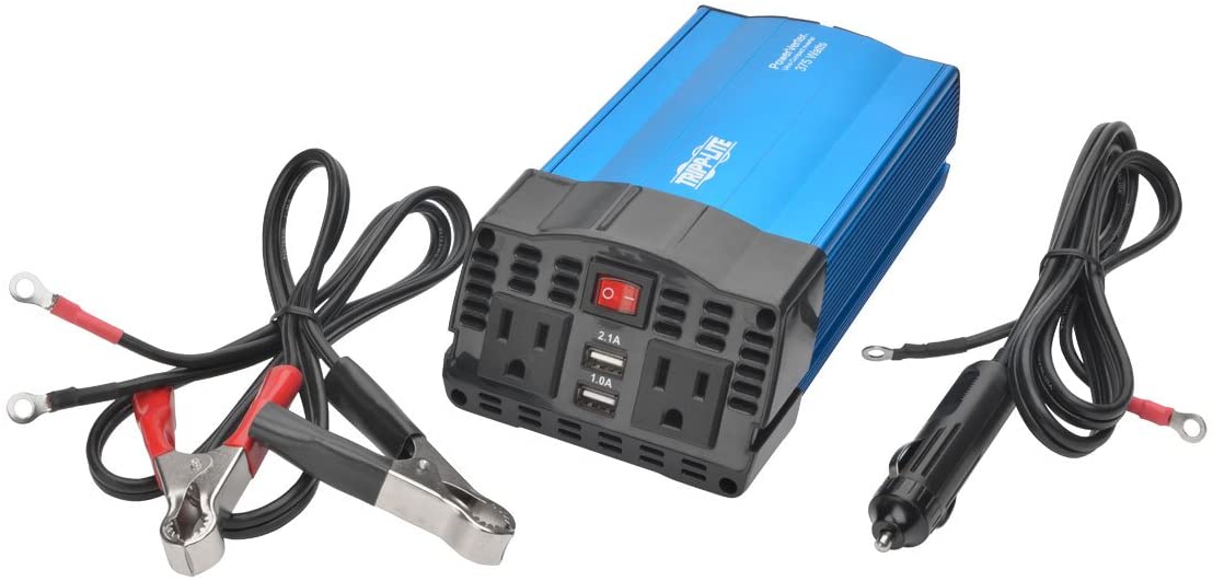 Tripp Lite 375W Compact Portable Car Power Inverter 2 Outlet 12V DC to 120V AC w/ 2-Port USB Charging Ports (PV375USB) BLACK/BLUE 375W + USB