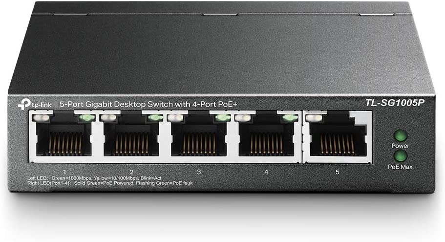 TP-Link TL-SG1005P V2 or later | 5 Port Gigabit PoE Switch | 4 PoE+ Ports @65W | Desktop | Plug & Play | Sturdy Metal w/ Shielded Ports | Fanless | Limited Lifetime Protection | QoS & IGMP Snooping Unmanaged 5 Port w/4 PoE+ Port