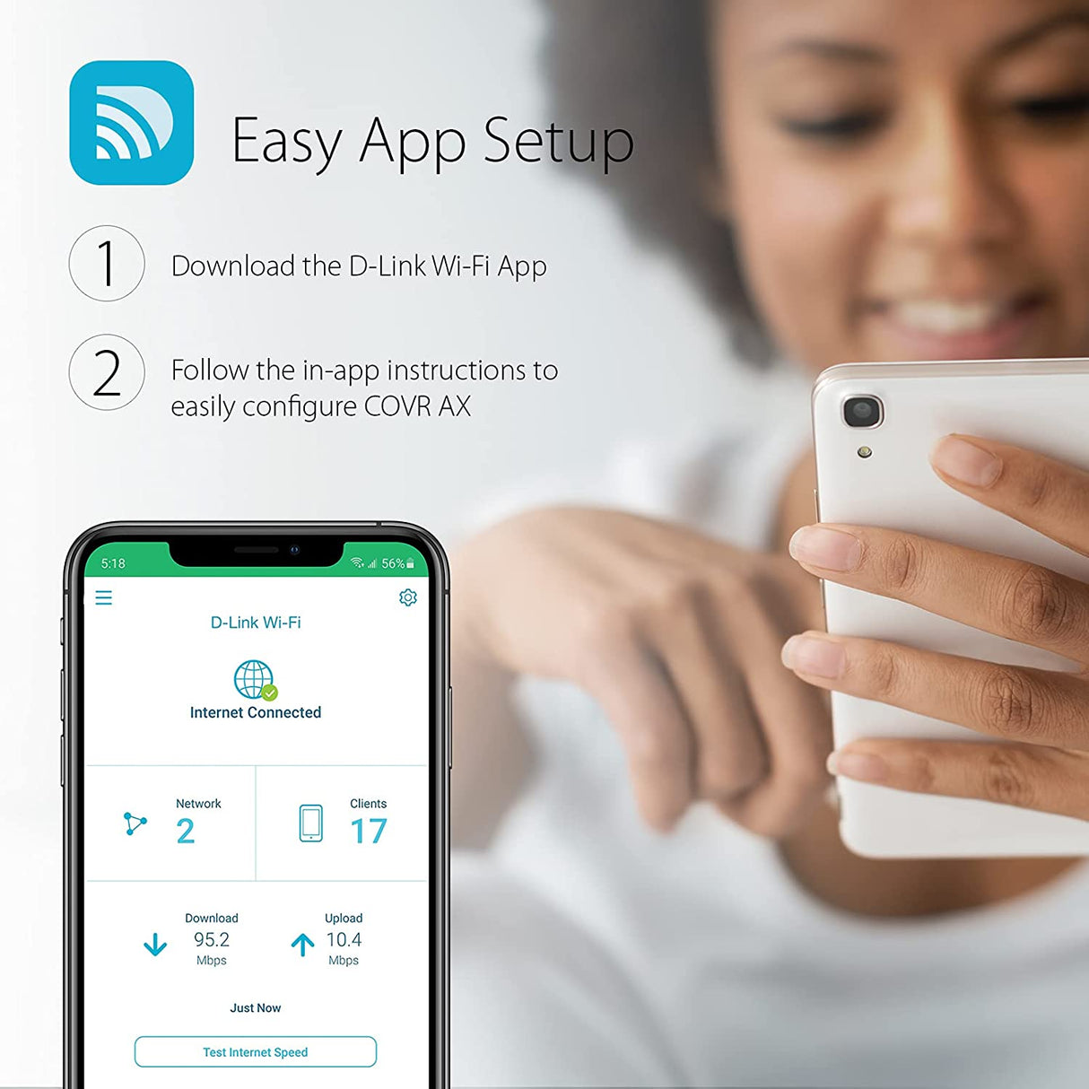 D-Link COVR AX1800 Whole Home Mesh Wi-Fi 6 System - Up to 4500 sq.ft. Coverage, Voice Control w/Amazon Alexa and Google Assistant, Enhanced Parental Controls, 2-Pack (COVR-X1862) WiFi 6 AX1800 Mesh Kit 2pk