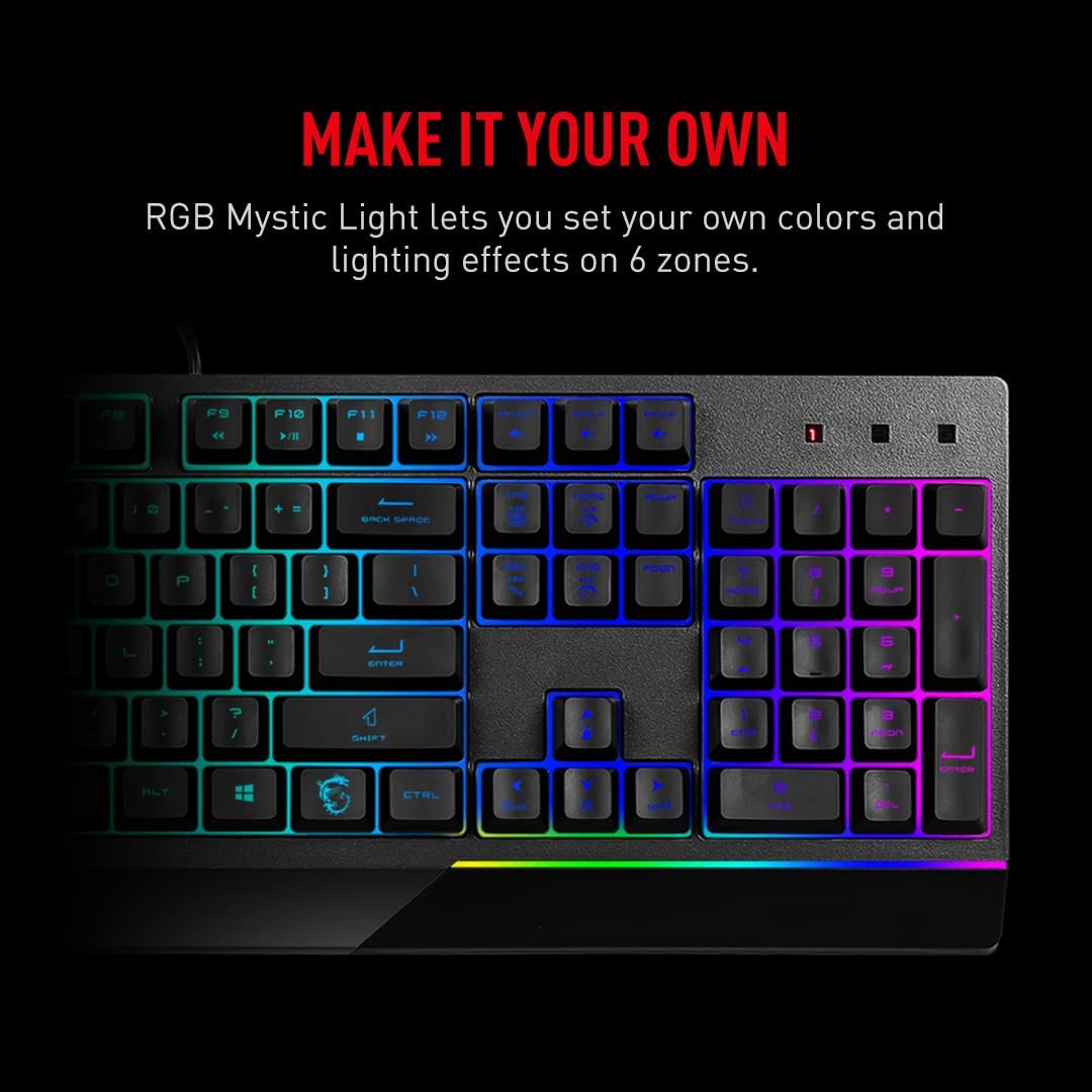 MSI Vigor GK30 RGB Gaming Keyboard, 6-Zone RGB Lighting, Water Repellent & Splash-Proof, Mechanical-Like Plunger Switches