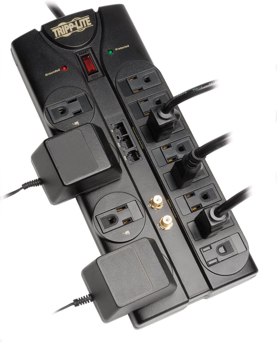 Tripp Lite 12 Outlet Surge Protector Power Strip, 8ft Cord, Right-Angle Plug, Tel/Modem/Coax/Ethernet Protection, RJ11, RJ45, & $250,000 INSURANCE (TLP1208SAT) Black 12 Outlets + Tel/Modem/Coax/Ethernet Outlet
