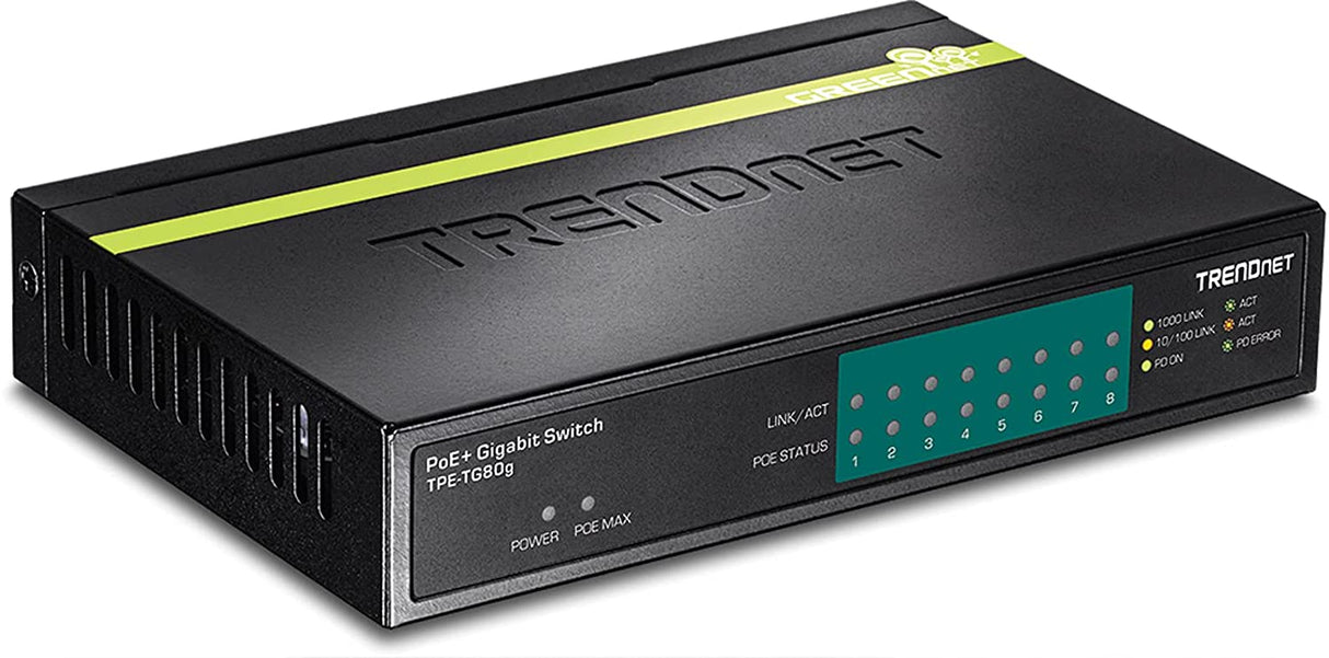 TRENDnet 8-Port Gigabit PoE+ Switch, 8 x Gigabit PoE+ Ports, 123W PoE Power Budget, 16 Gbps Switching Capacity, Desktop Switch, Ethernet Network Switch, Metal, Lifetime Protection, Black, TPE-TG80G Gigabit PoE 8-Port|123W
