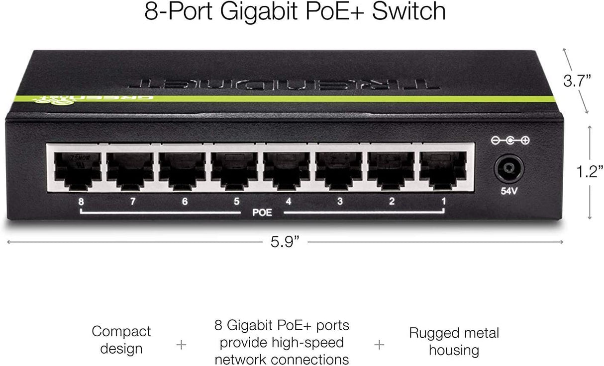 TRENDnet 8-Port GREENnet Gigabit PoE+ Switch, Supports PoE and PoE+ Devices, 61W PoE Budget, 16Gbps Switching Capacity, Data & Power Via Ethernet to PoE Access Points & IP Cameras, Black, TPE-TG82G 61W 8-Port