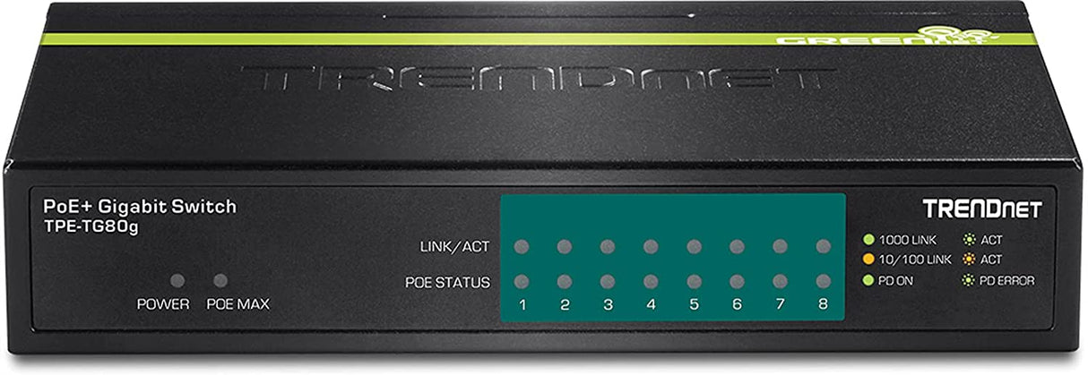 TRENDnet 8-Port Gigabit PoE+ Switch, 8 x Gigabit PoE+ Ports, 123W PoE Power Budget, 16 Gbps Switching Capacity, Desktop Switch, Ethernet Network Switch, Metal, Lifetime Protection, Black, TPE-TG80G Gigabit PoE 8-Port|123W