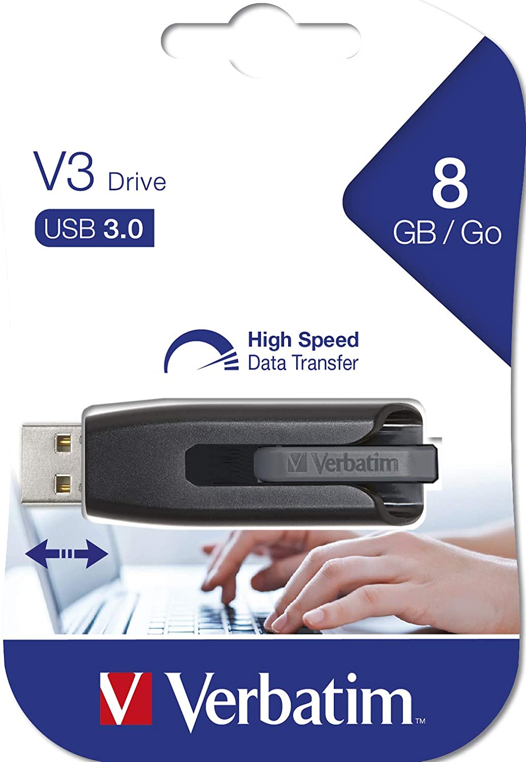 Verbatim 8GB USB 3.0 Store 'n' Go V3 Flash Drive - Cap-Less & PC / Mac Compatible - Gray