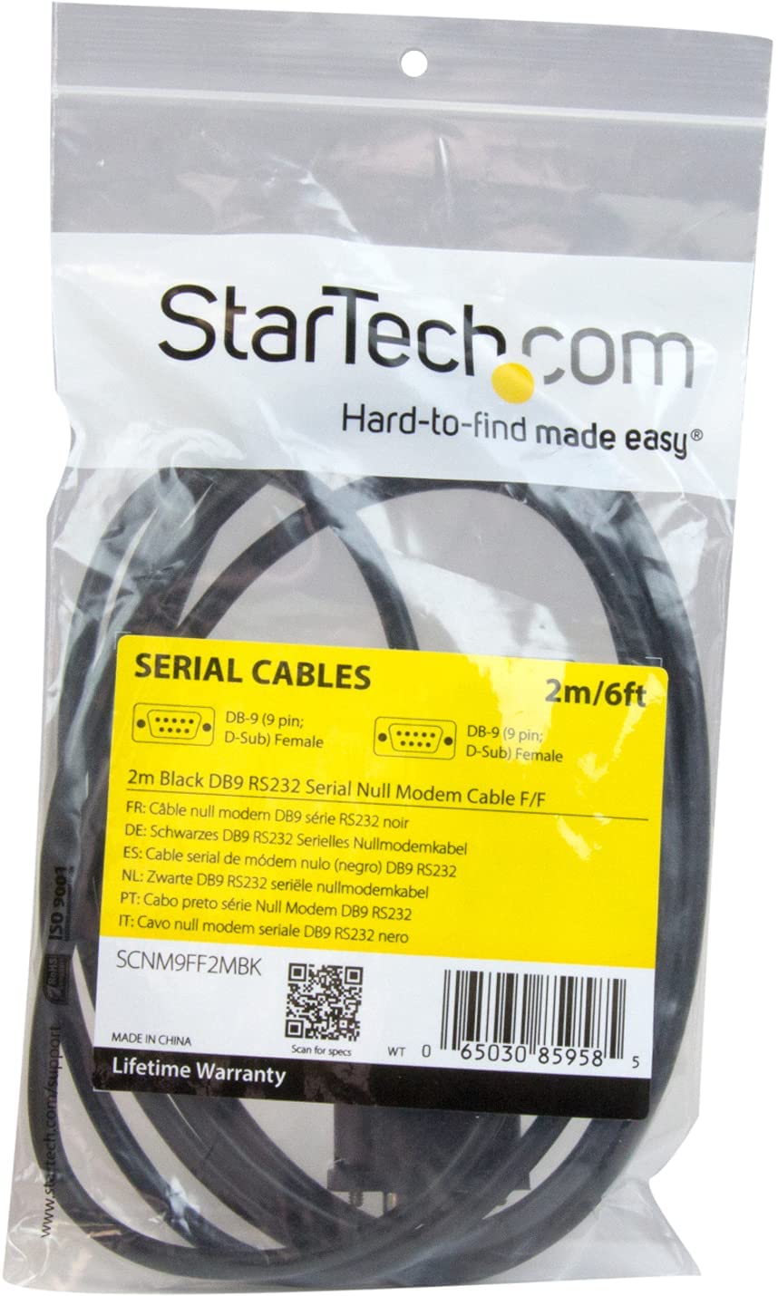 StarTech.com 2m Black DB9 RS232 Serial Null Modem Cable F/F - DB9 Female to Female - 9 pin RS232 Null Modem Cable - 2 meter, Black (SCNM9FF2MBK) 6 ft / 2m Cable