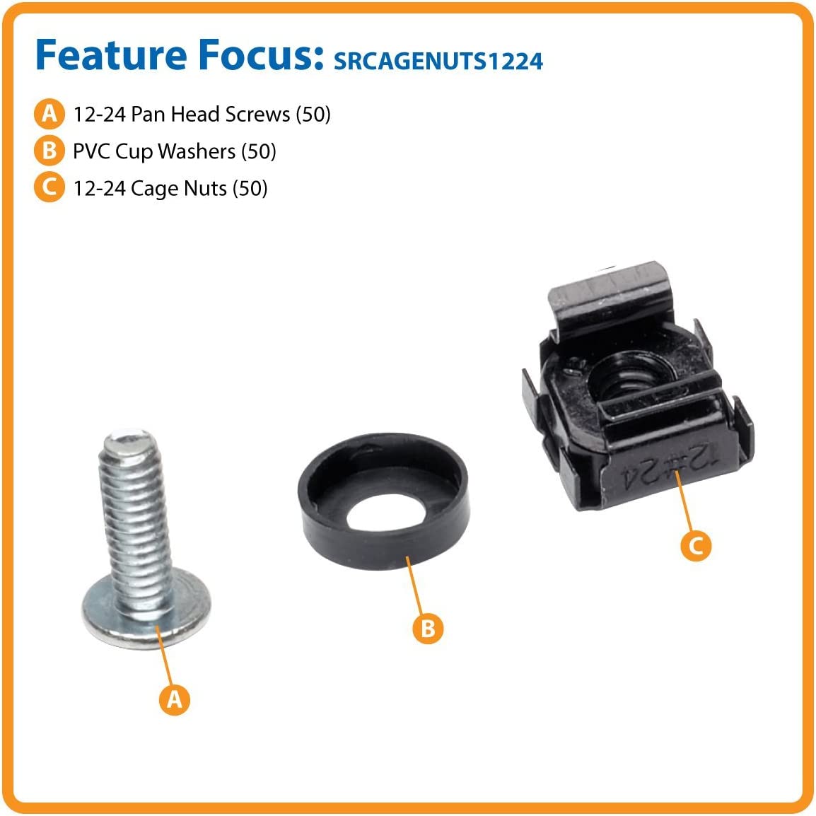 Tripp Lite Rack Enclosure Square Hole Hardware 50-Piece Kit with 12-24 Screws and Washers Components SRCAGENUTS1224, Black