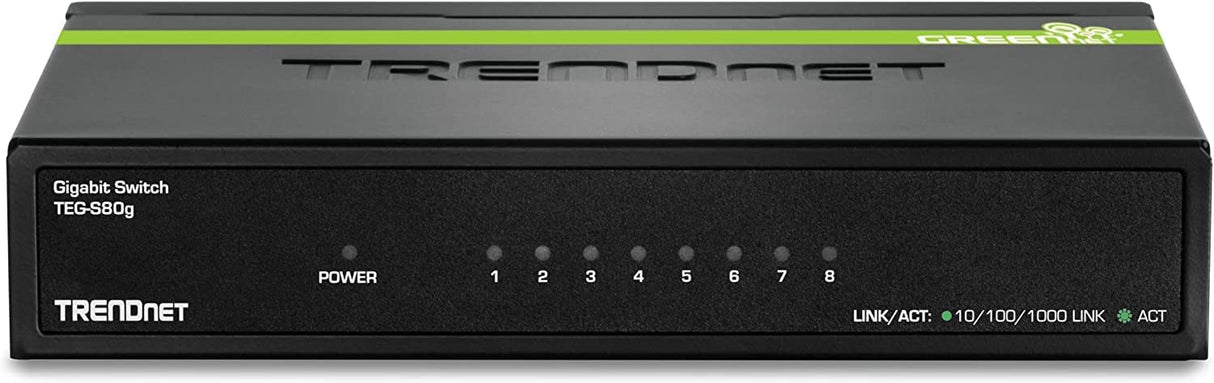 TRENDnet 8-Port Unmanaged Gigabit GREENnet Desktop Metal Switch, Ethernet Splitter, Fanless,16Gbps Switching Capacity, Plug & Play, Lifetime Protection, TEG-S80G,Black 8-Port Gigabit