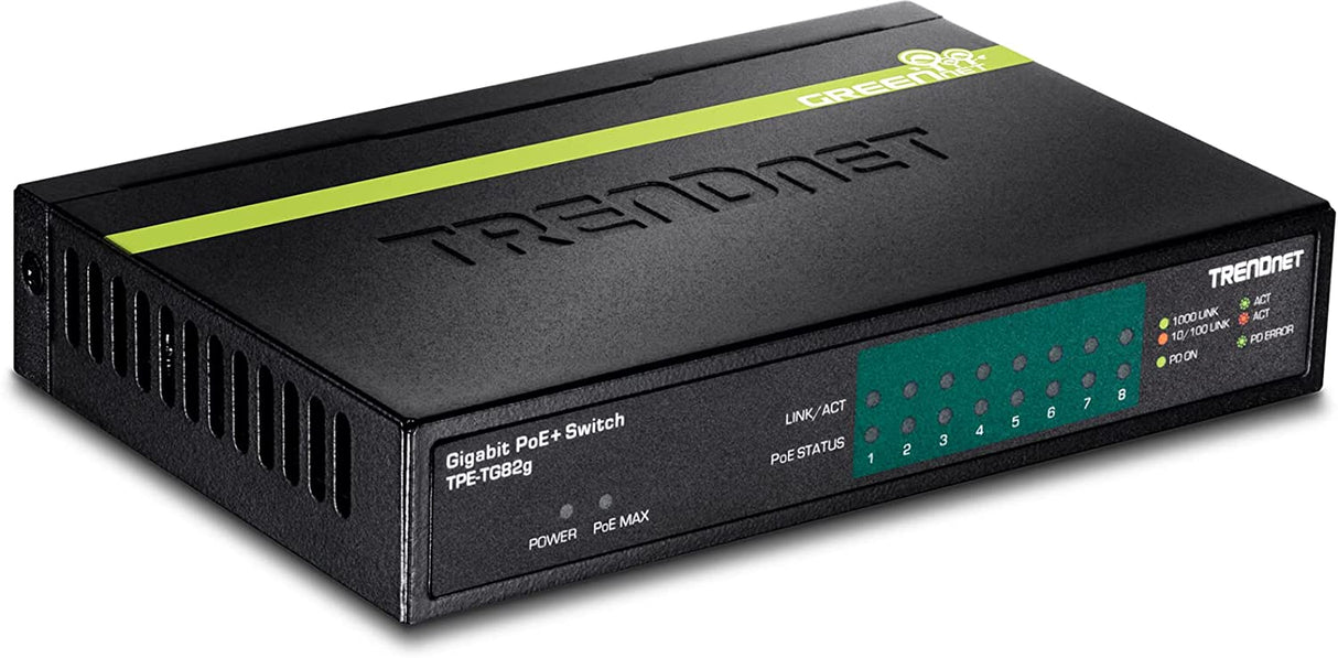 TRENDnet 8-Port GREENnet Gigabit PoE+ Switch, Supports PoE and PoE+ Devices, 61W PoE Budget, 16Gbps Switching Capacity, Data & Power Via Ethernet to PoE Access Points & IP Cameras, Black, TPE-TG82G 61W 8-Port