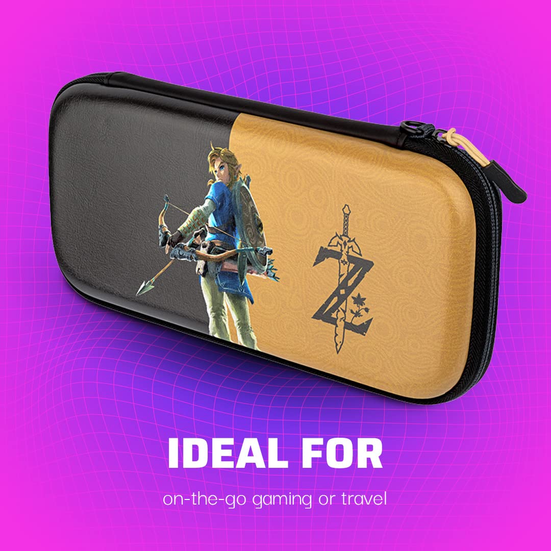 PDP Gaming Officially Licensed Switch Slim Deluxe Travel Case - Zelda Breath of the WIld - Semi-Hardshell - Console Stand - Protective PU Leather - Holds 14 Games - Works with Switch OLED & Lite Hyrule Hero Link
