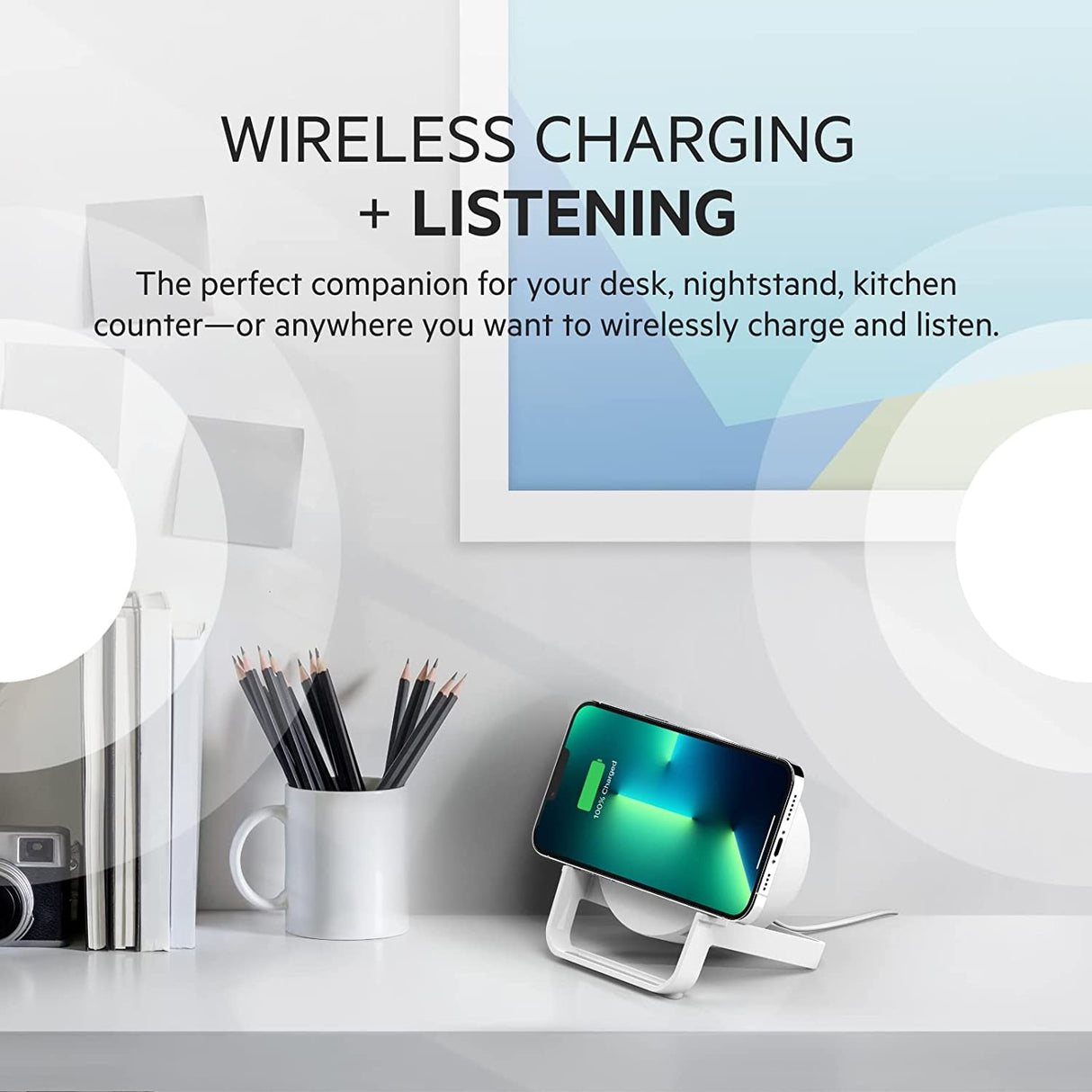 Belkin Wireless Charging Speaker (Wireless Charging Stand + Bluetooth Speaker Charger) Charge While Listening to Music, Streaming Videos, Video Calls, White (AUF001ttWH)