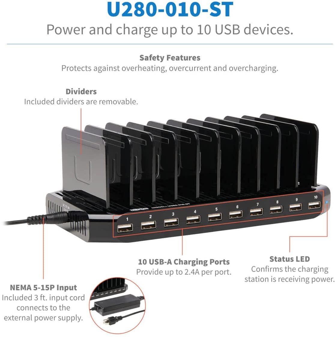 TRIPP LITE 10-Port USB Charging Station Dock with Storage Slots for Tablet iPhone iPad & Laptops (U280-010-ST),Black