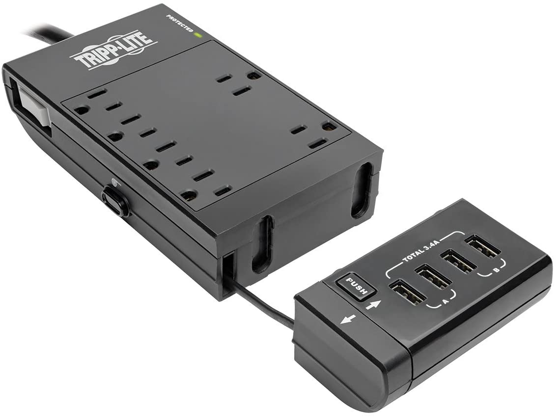 Tripp Lite Surge Protector Power Strip 6-Outlet w/4 USB Charging/Sync Ports, Black, 9.6" x 6.7" x 1.8" (TLP66USBR)