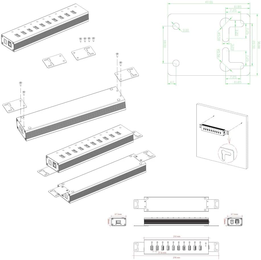 Vantec 10-Port USB 3.0 Hub, Aluminum, Full Powered, Mountable, with All Ports Data & Charging Up to 1.5A, BC 1.2, Premium 12V/5A, 60W Power Adapter (UGT-AH110U3-BK),Black
