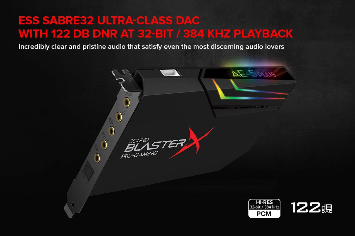 Creative Sound BlasterX AE-5 Plus SABRE32-class Hi-res 32-bit/384 kHz PCIe Gaming Sound Card and DAC with Dolby Digital and DTS, Xamp Discrete Headphone Bi-amp, Up to 122dB SNR, RGB Lighting System Option 1: Black with DDL and DTS