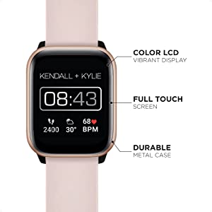 iTouch Kendall + Kylie Smartwatch iPhone and Android Compatible, Pedometer, Walking and Running Tracker for Women and Men (Rose Gold Case and Blush/Black Logo Interchangeable Straps) Rose Gold Case - Blush/Black Logo Straps