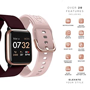 iTouch Kendall + Kylie Smartwatch iPhone and Android Compatible, Pedometer, Walking and Running Tracker for Women and Men (Rose Gold Case and Merlot/Blush Interchangeable Straps) Rose Gold Case - Merlot/Blush Straps