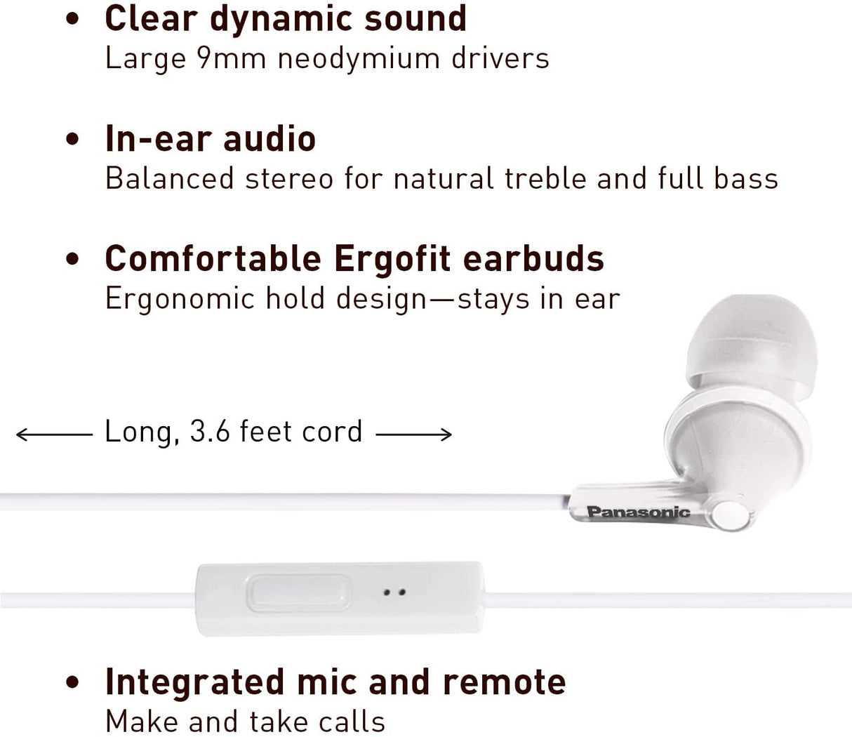 Panasonic ErgoFit Wired Earbuds, In-Ear Headphones with Microphone and Call Controller, Ergonomic Custom-Fit Earpieces (S/M/L), 3.5mm Jack for Phones and Laptops - RP-TCM125-W (White) White With Mic