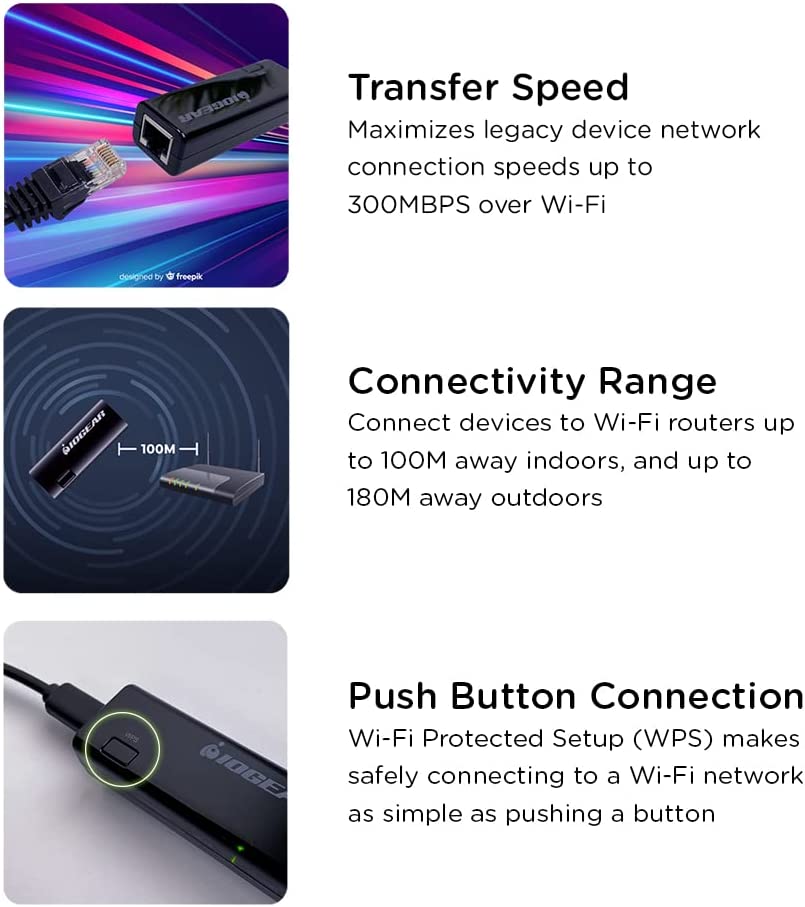 IOGEAR Universal Ethernet to Wi-Fi N Adapter - Speeds of up to 300Mbps on 2.4GHz - Push-button Wi-Fi Protected Setup (WPS) - Supports WEP, WPA, WPA2, TKIP and AES encryption - GWU637