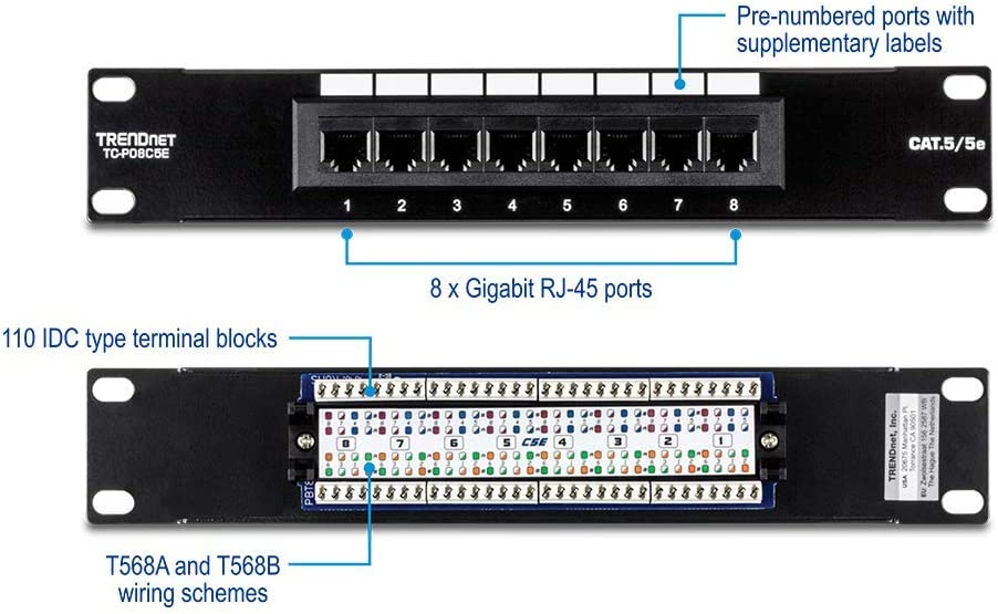TRENDnet 8 Port Cat5/5e Unshielded Patch Panel,TC-P08C5E, Wallmount or Rackmount, 10 Inch Wide, 8 x Gigabit RJ-45 Ethernet Ports, 100 Mhz Connection, Color Coded Labeling,110 IDC Terminal Blocks,black