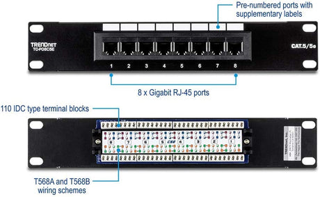 TRENDnet 8 Port Cat5/5e Unshielded Patch Panel,TC-P08C5E, Wallmount or Rackmount, 10 Inch Wide, 8 x Gigabit RJ-45 Ethernet Ports, 100 Mhz Connection, Color Coded Labeling,110 IDC Terminal Blocks,black