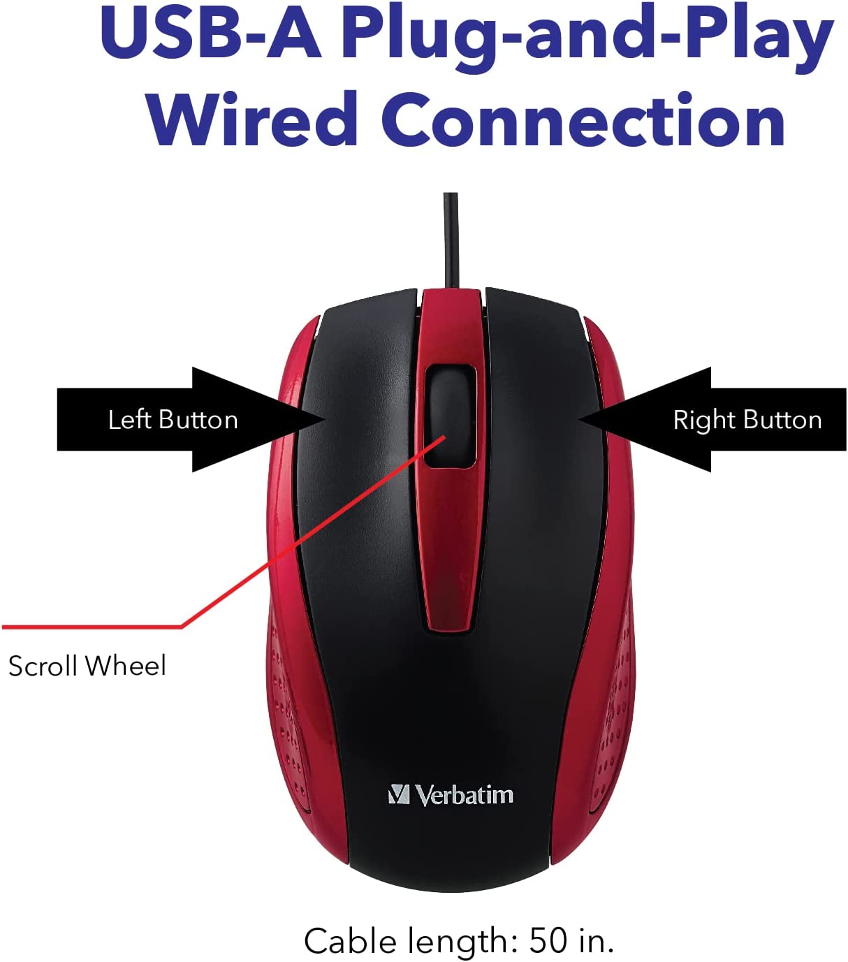 Verbatim Wired USB Computer Mouse - Corded USB Mouse for Laptops and PCs - Right or Left Hand Use, Red