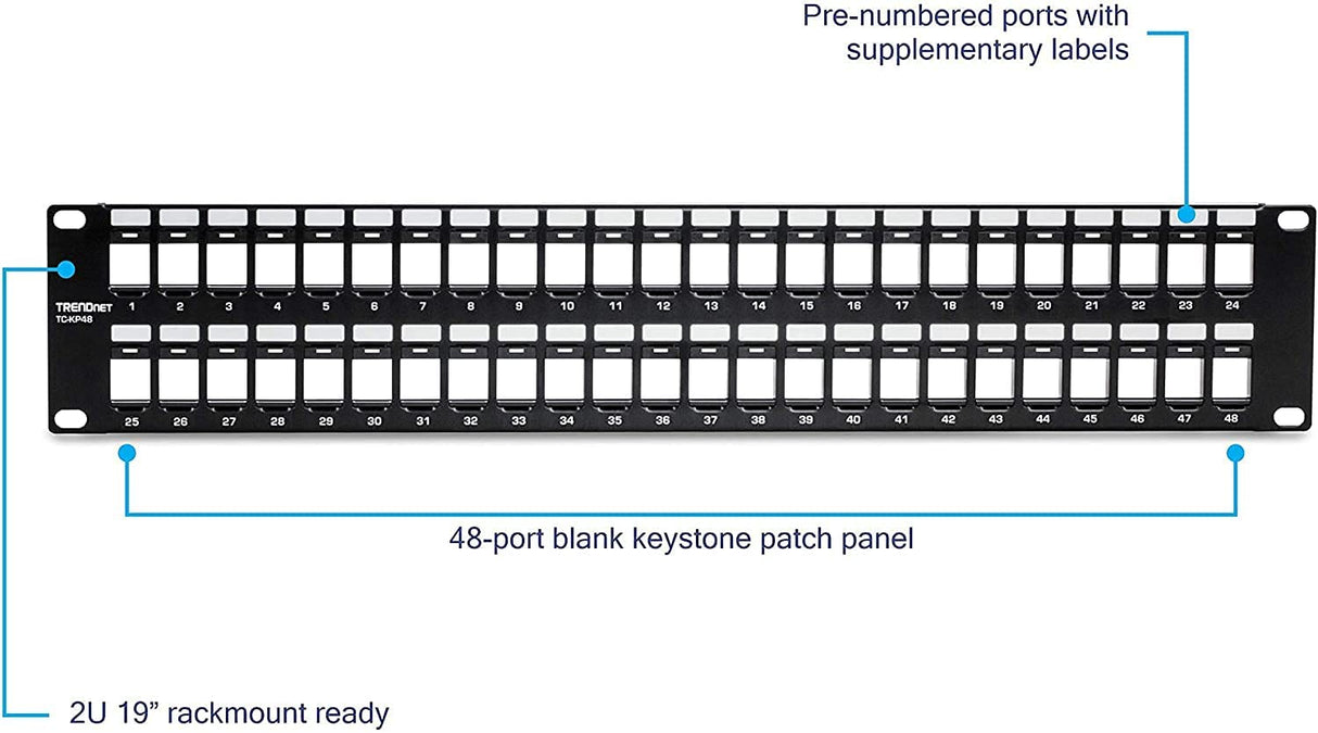 TRENDnet 48-Port Blank Keystone 2U HD Patch Panel, TC-KP48, 2U 19” Metal Rackmount Housing, HD Keystone Network Patch Panel, Recommended w/TC-K25C6 & TC-K50C6 Cat6 Keystone Jacks (Sold Separately)