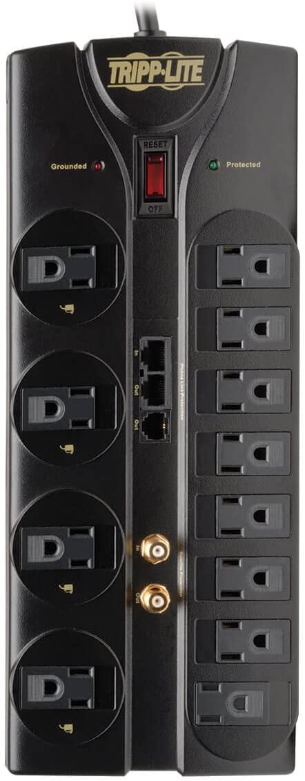 Tripp Lite 12 Outlet Surge Protector Power Strip, 8ft Cord, Right-Angle Plug, Tel/Modem/Coax/Ethernet Protection, RJ11, RJ45, & $250,000 INSURANCE (TLP1208SAT) Black 12 Outlets + Tel/Modem/Coax/Ethernet Outlet