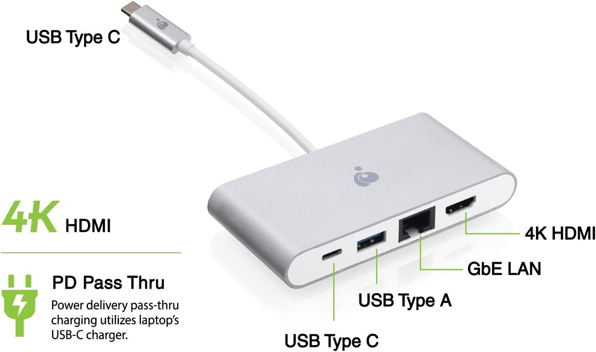 IOGEAR USB-C 4 in 1 Docking Station - 1 HDMI 4K 30Hz Out - 1 USB 3.0 5Gbps Out - Ethernet LAN Port - USB-C 60W Pass Through - Mac Win - GUH3C3PD USB-C 4-in-1 4K multi-Port Power Delivery