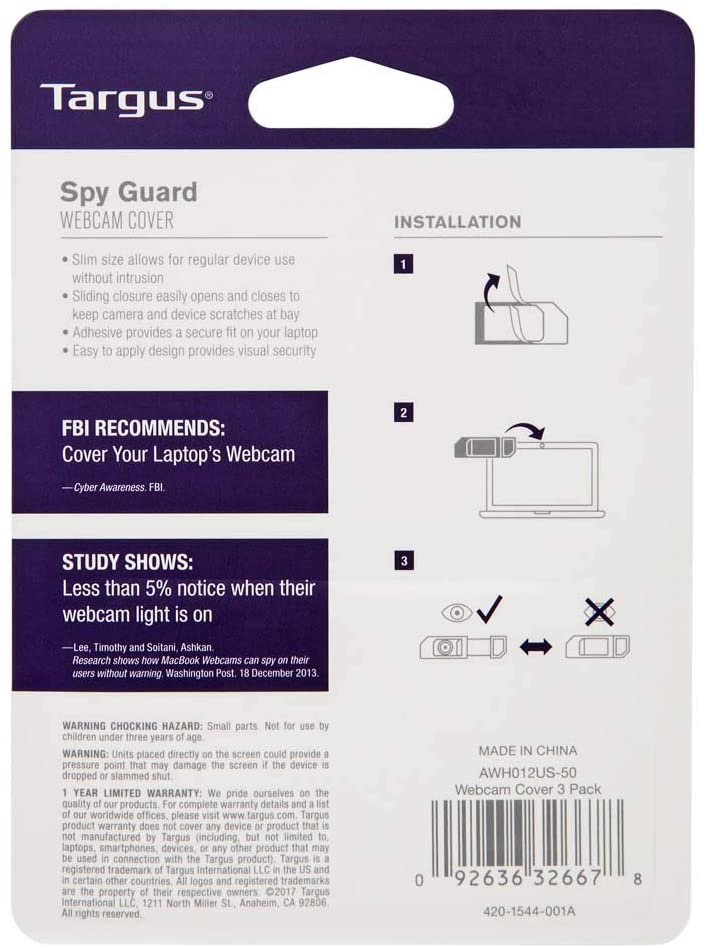 Targus Spy Guard Sliding Webcam Cover on Laptop and Camera Devices for Visual Viewing Security Protection and Anti-Hack Prevention - 3 Pack, Black, Gray, and White (AWH012US) 3-pack