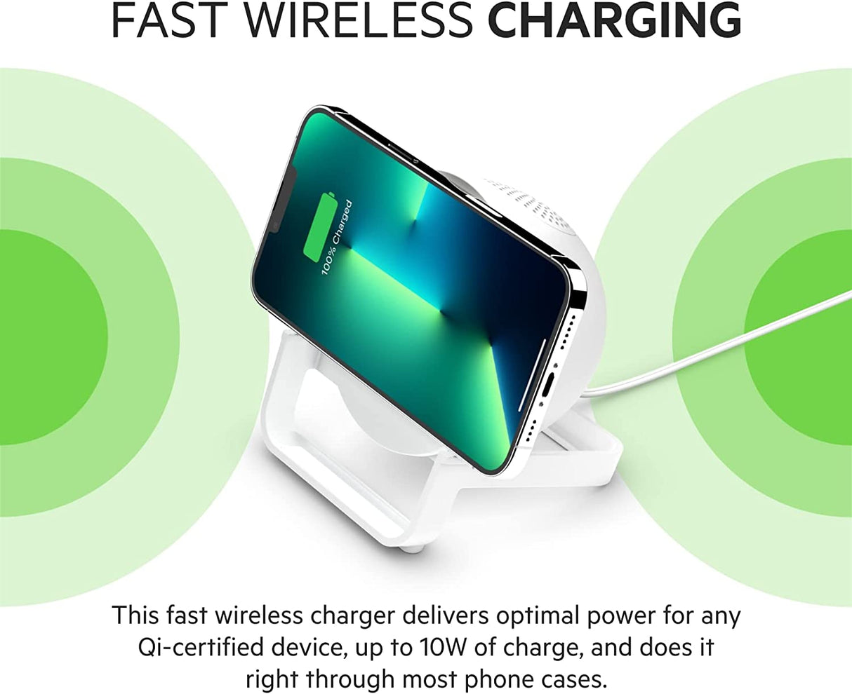 Belkin Wireless Charging Speaker (Wireless Charging Stand + Bluetooth Speaker Charger) Charge While Listening to Music, Streaming Videos, Video Calls, White (AUF001ttWH)