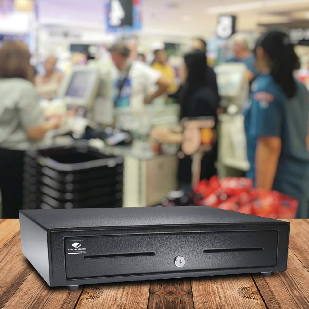 APG Standard- Duty 16” Electronic Point of Sale Cash Drawer | Vasario Series VB320-1-BL1616-B10 | with CD-101A Cable | Printer Compatible | Plastic Till with 5 Bill/ 8 Coin Compartments | Black Printer-Driven 24V (with Cable) - Black 16" - 5x8