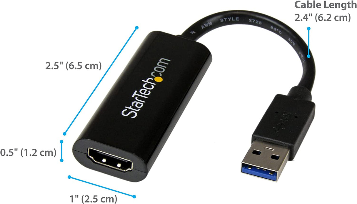StarTech.com USB 3.0 to HDMI Adapter - 1080p (1920x1200) - Slim/Compact USB Type-A to HDMI Display Adapter Converter for Monitor - External Video & Graphics Card - Black - Windows Only (USB32HDES)
