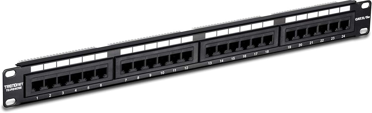 TRENDnet 24-Port Cat5-5e RJ-45 UTP Unshielded Patch Panel, Wallmount or Rackmount, 100Mhz, Color-Coded Labeling, Cat5,Cat5e,Cat4,Cat3 Compatible, 1U Rackmount, Black, TC-P24C5E