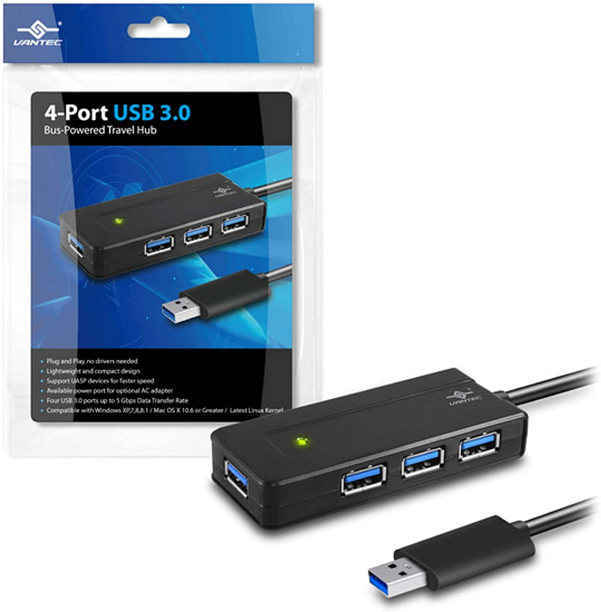 Vantec 4-Port USB 3.0 Bus-Powered Travel Hub (UGT-MH400U3),Black