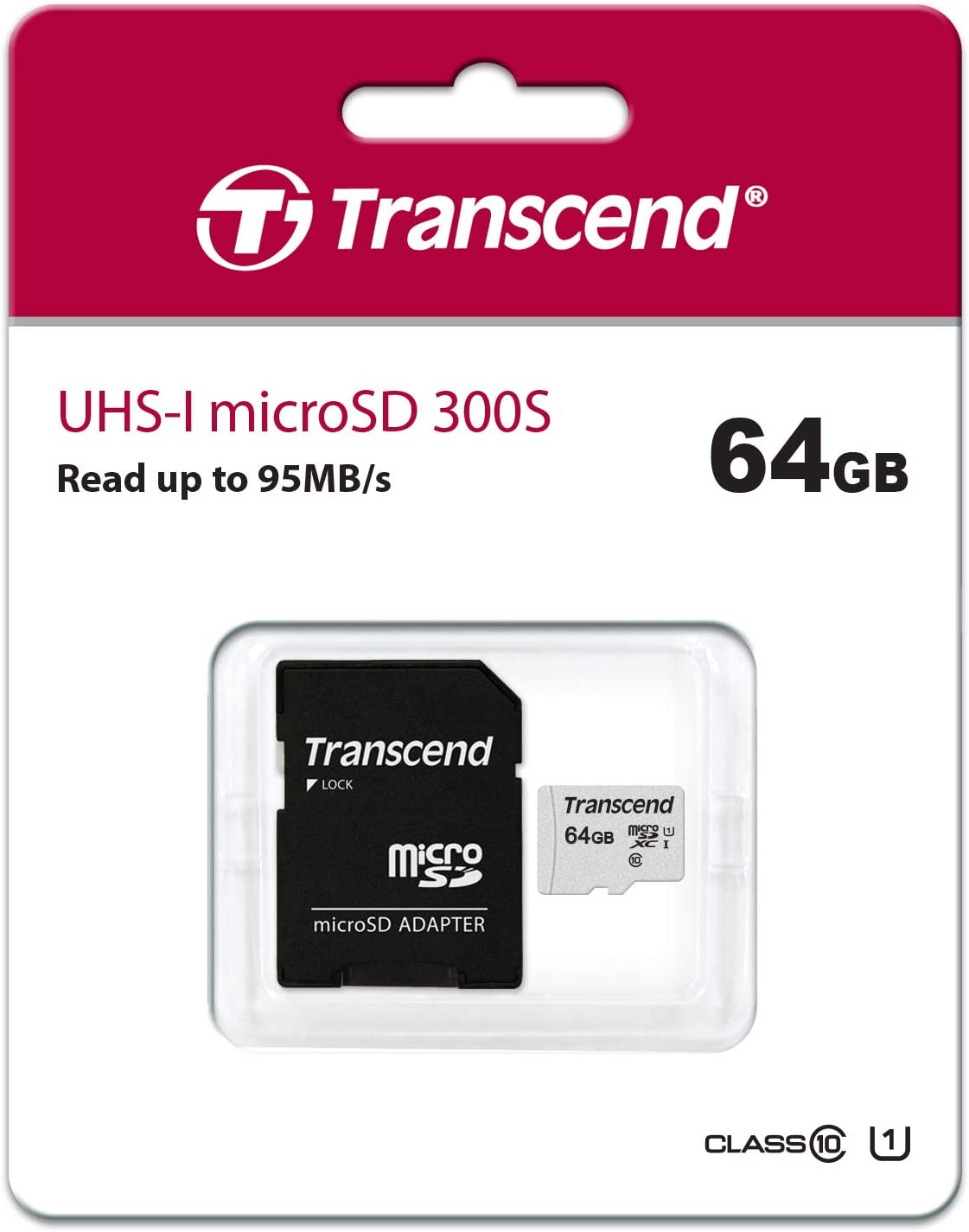 Transcend 64GB microSDXC UHS-I Class 10 U1 Memory Card with Adapter (TS64GUSD300S-A) MICRO SD CARD WITH ADAPTER 64GB
