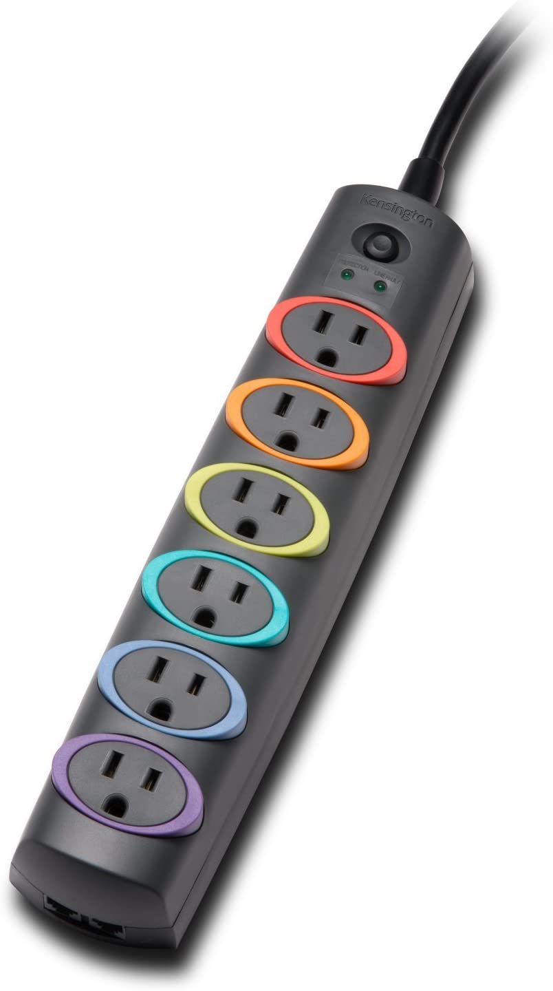 Kensington SmartSockets 6-Outlet, 8-Foot Cord, & 1260 Joules Premium Surge Protector (K62144NA) Rainbow Premium (1260 Joules, 8' Cord)