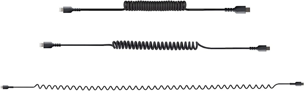 StarTech.com 1m (3ft) USB C to Lightning Cable, MFi Certified, Coiled iPhone Charger Cable, Black, Durable TPE Jacket Aramid Fiber, Heavy Duty Coil Lightning Cable (RUSB2CLT1MBC) 1m / 3ft USB-C