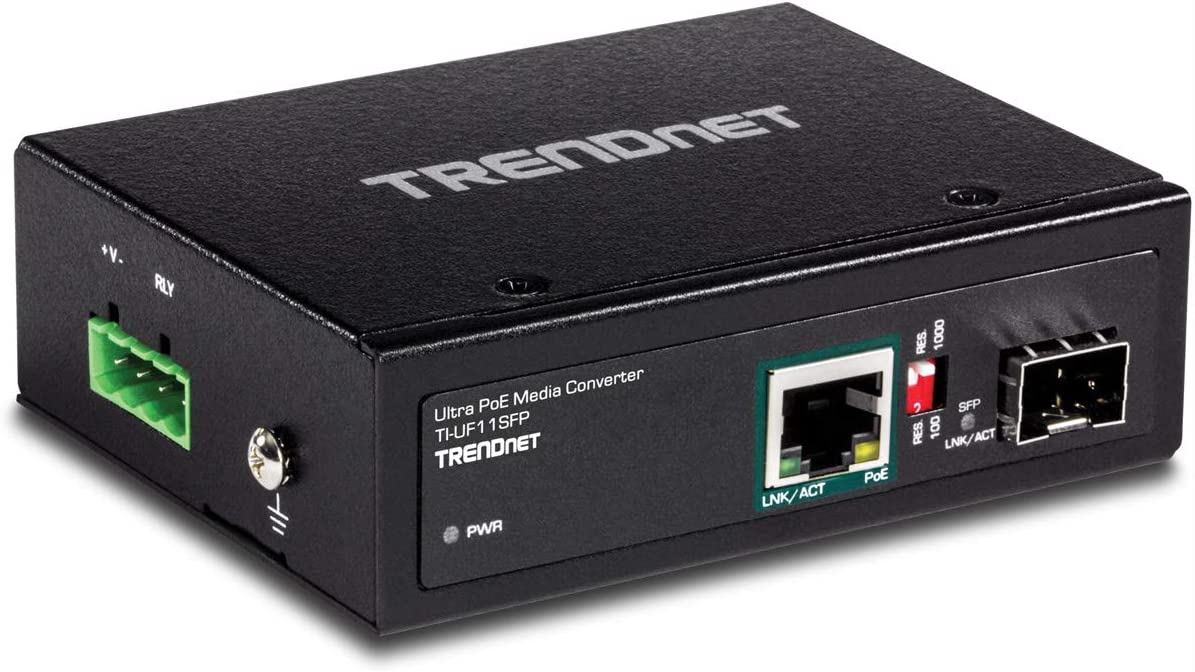 TRENDnet Hardened Industrial SFP to Gigabit UPoE Media Converter, IP30 Rated Housing, Includes DIN-Rail & Wall Mounts, Operating Temp. -40 to 75 °C (-40 to 167 °F), TI-UF11SFP, Black
