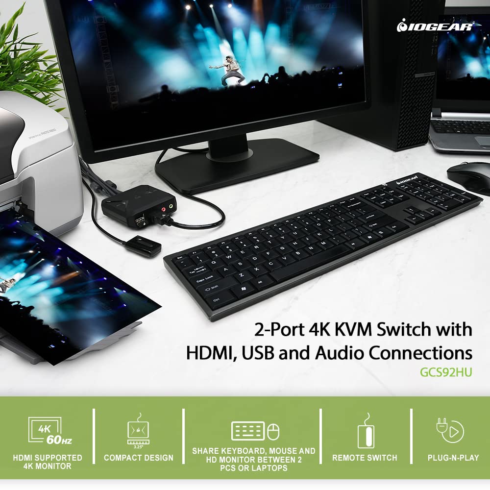 IOGEAR 2-Port USB HDMI Cabled KVM - 4K@60Hz - Hotkey/Remote Button Switch - USB 2.0 Mouse Port Can Be Use As USB Hub and USB Peripheral Sharing - Xbox / PS4/5 - Windows, Mac and Linux - GCS92HU